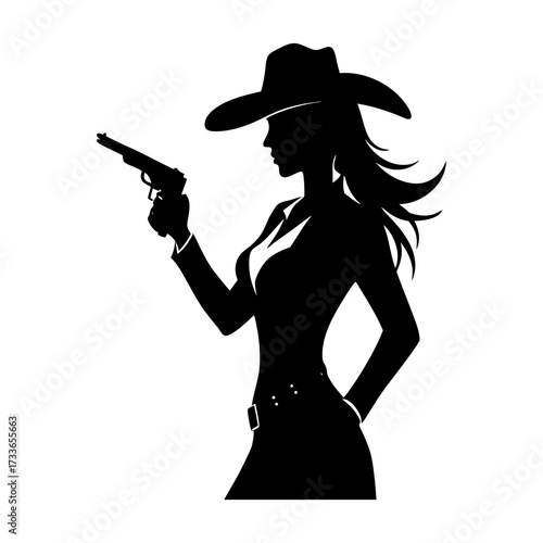 Silhouette of a woman with a cowboy hat holding a gun in a side profile view