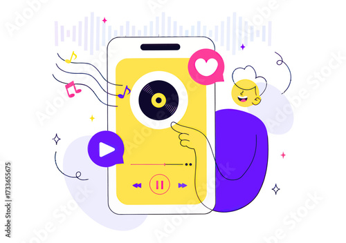Joyful person experiencing vibrant music and sound waves through a smartphone app, feeling the rhythm and enjoying a modern digital entertainment experience with a heart icon.