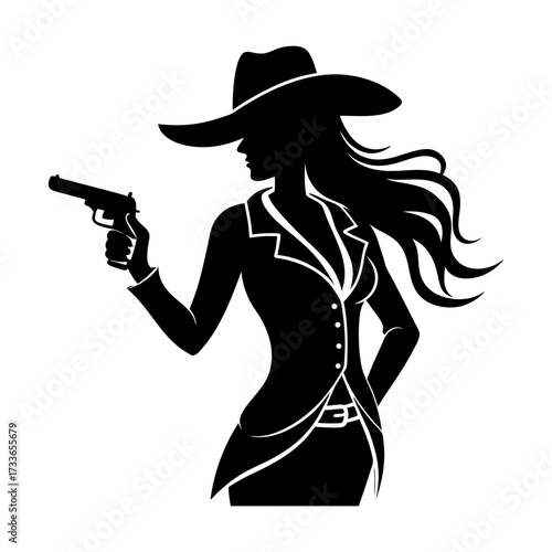 Silhouette of a woman in a cowboy hat holding a gun in a black and white image