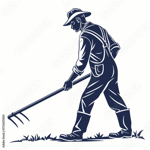 Farmer with rake working in a grassy field dark blue illustration