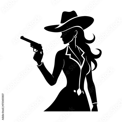 Silhouette of a woman in a cowboy hat holding a gun in a black and white design