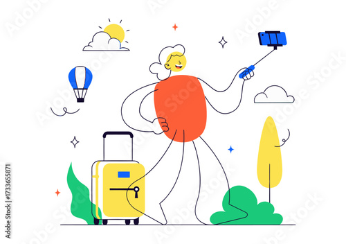 Joyful character with yellow suitcase and selfie stick captures travel memories under a sunny sky with hot air balloon in vibrant, modern illustration style