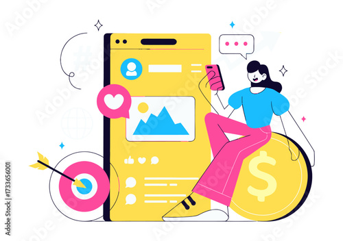 Dynamic woman achieves financial growth through digital marketing success, celebrating online engagement and global reach with a smartphone and rising arrow.