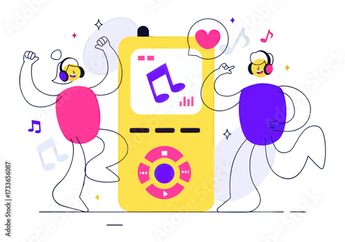 Vibrant characters joyfully dancing to music from a retro yellow portable music player, celebrating the pure fun of sound and rhythm with colorful flair