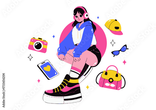 Vibrant young woman surrounded by trendy accessories, capturing the essence of modern youth culture and digital lifestyle with a playful aesthetic, perfect for social media campaigns.