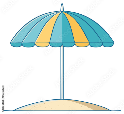 A cartoon illustration of a striped blue and yellow beach umbrella on a sandy mound.