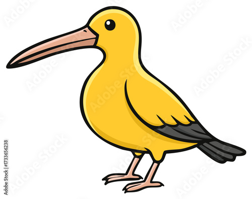 Cartoon illustration of a yellow bird with a long beak and black details
