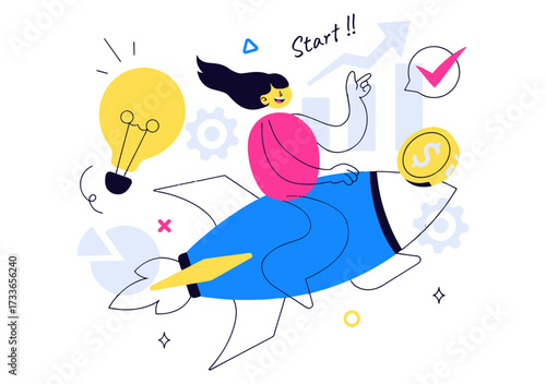 Dynamic entrepreneur launches innovative idea on rocket fueled by success symbols like lightbulb, charts, and coins, ready for rapid growth and market impact