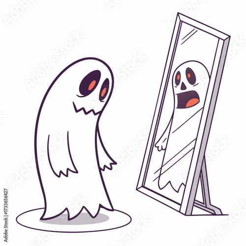 Ghost with red eyes looking at scared reflection Keywords: ghost, red eyes, mirror, reflection