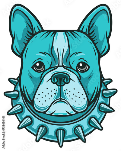 Aqua Bulldog Portrait Wearing Spiked Collar Pet Mascot Clip Art Illustration Animal Face Cute Puppy Design