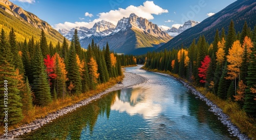 Stunning autumn valley with crystal-clear river flowing through vibrant forest. Snow-capped peaks rise above colorful trees in brilliant orange, red, and gold fall foliage.
