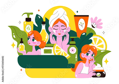 Vibrant skincare routine illustration featuring women applying creams, serums, and oils amidst lush botanicals and citrus elements for radiant glowing skin