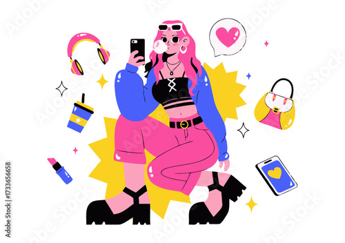 Vibrant young woman capturing a moment with her phone, surrounded by trendy accessories and sparkling stars, embodying modern lifestyle and self expression.