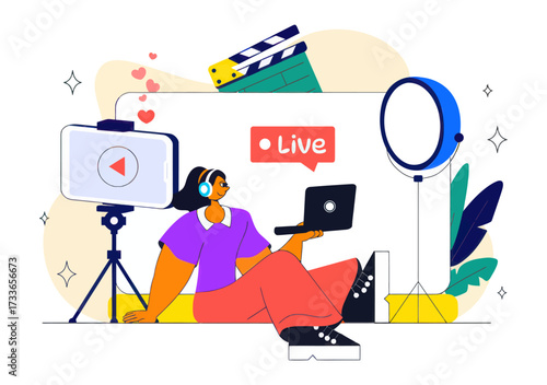 Dynamic content creator broadcasting live with laptop, camera, and ring light, capturing modern digital media creation for engaging online audiences and streaming success