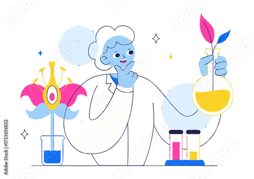 Scientist thoughtfully innovating in laboratory, developing novel plant growth solutions for sustainable agriculture and biotechnology advancements with a modern science aesthetic