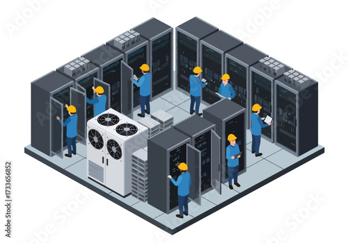 Isometric illustration of data center engineers working with servers, cables, and cooling systems, symbolizing IT infrastructure, cloud storage, cybersecurity, and modern digital technology management