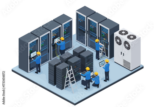 Isometric illustration of data center engineers working with servers, cables, and cooling systems, symbolizing IT infrastructure, cloud storage, cybersecurity, and modern digital technology management