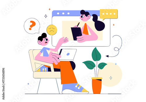 Seeking online tutoring help with a sad face and a question mark, a digital learning concept, and a student with a laptop, modern education support for school, virtual classroom, and remote learning