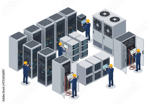 Isometric illustration of data center engineers working with servers, cables, and cooling systems, symbolizing IT infrastructure, cloud storage, cybersecurity, and modern digital technology management
