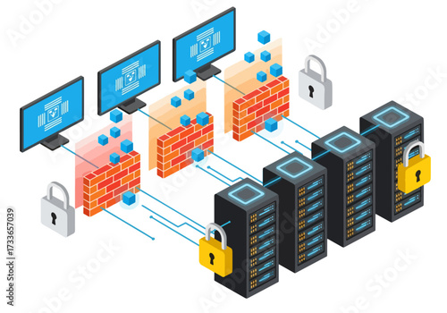 Isometric illustration of data servers, people analyzing dashboards, and security locks, cybersecurity, cloud computing, data protection, database management, and secure information technology systems