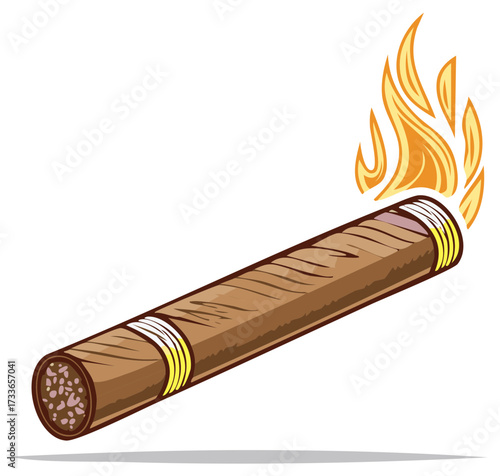 Vector illustration of a classic brown lit cigar with a flame