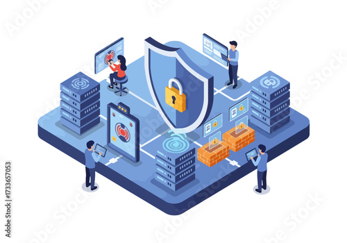 Isometric illustration of data servers, people analyzing dashboards, and security locks, cybersecurity, cloud computing, data protection, database management, and secure information technology systems