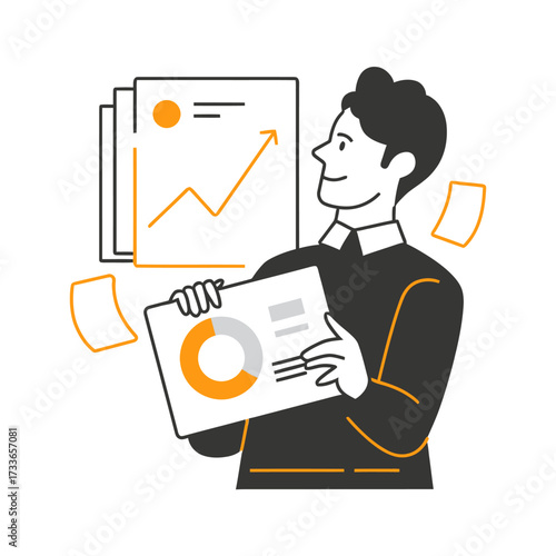 Confident analyst presenting positive financial growth charts and pie graphs, visualizing successful business strategy and data analysis for impactful decision making and investor confidence.
