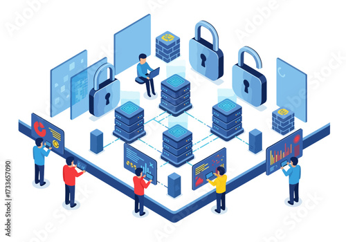 Isometric illustration of data servers, people analyzing dashboards, and security locks, cybersecurity, cloud computing, data protection, database management, and secure information technology systems