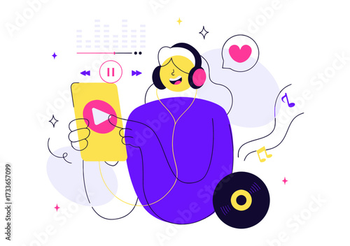 Vibrant person joyfully listening to music on smartphone with headphones, enjoying audio entertainment and sound waves, feeling happy and connected to rhythm