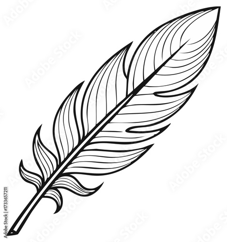 Stylized bird feather line art illustration. Simple black and white graphic drawing of a single elegant quill.