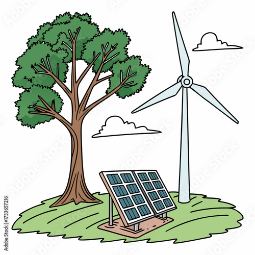 Green energy sources with a tree and clouds Keywords: renewable energy, solar panel, wind