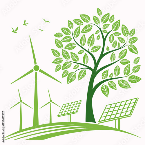 Green energy tree with wind turbines and solar panels