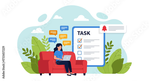 Flat illustration of remote work with a woman using a laptop on a sofa, managing tasks on a checklist app, symbolizing productivity, time management, and effective work-from-home organization