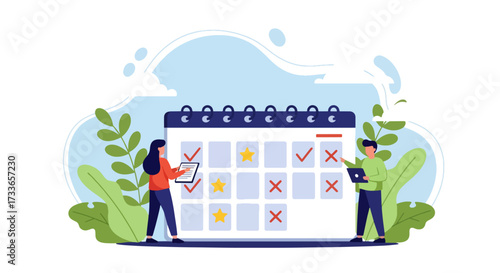 Flat illustration of teamwork in scheduling with two people planning tasks on a calendar, symbolizing time management, organization, productivity, project planning, effective business collaboration