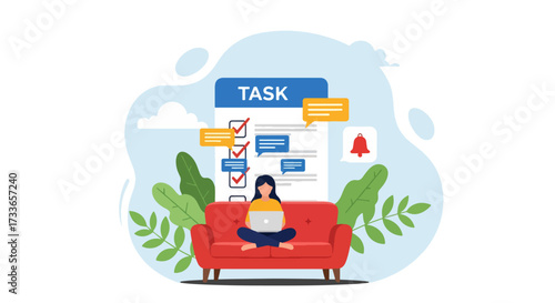 Flat illustration of remote work with a woman using a laptop on a sofa, managing tasks on a checklist app, symbolizing productivity, time management, and effective work-from-home organization