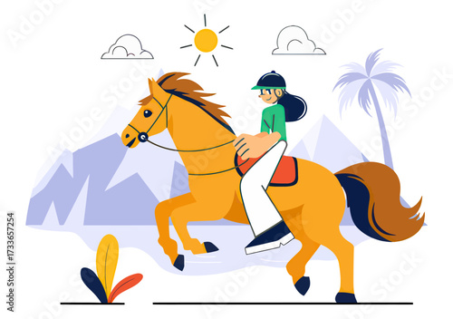 Joyful equestrian adventure unfolds with a vibrant rider on a spirited horse exploring majestic mountains under a bright sun and fluffy clouds.