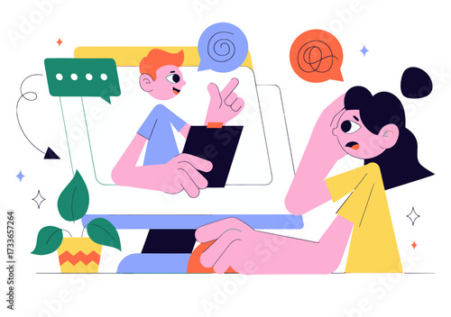 Frustrated person struggling with online learning or remote work, receiving confusing instructions via video call and feeling overwhelmed by digital communication challenges and information overload.