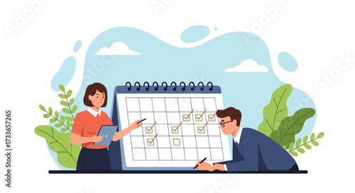 Flat illustration of teamwork in scheduling with two people planning tasks on a calendar, symbolizing time management, organization, productivity, project planning, effective business collaboration