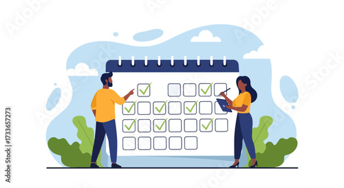 Flat illustration of teamwork in scheduling with two people planning tasks on a calendar, symbolizing time management, organization, productivity, project planning, effective business collaboration