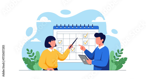 Flat illustration of teamwork in scheduling with two people planning tasks on a calendar, symbolizing time management, organization, productivity, project planning, effective business collaboration