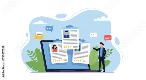 Flat illustration of online recruitment with HR manager reviewing resumes on a laptop, symbolizing hiring, career opportunities, digital recruitment, and modern human resources management strategies
