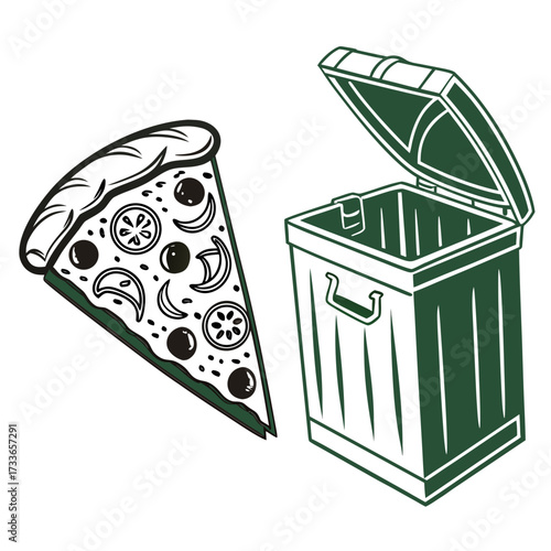 Green outline pizza slice and trash can on white Keywords: pizza, slice, trash can, garbage, bin