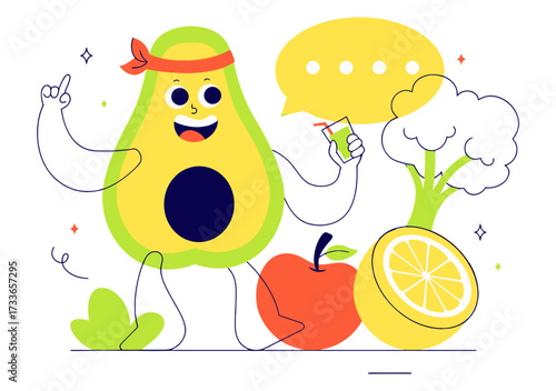 Joyful avocado character sharing healthy lifestyle tips with apple, lemon, and broccoli, perfect for nutrition education and wellness campaigns.