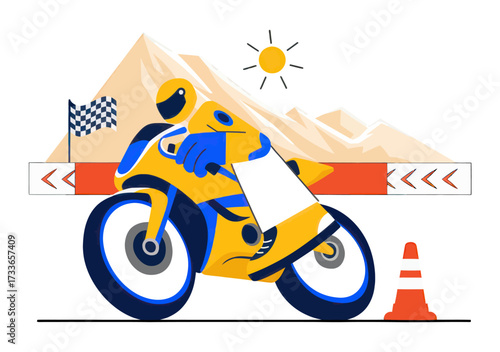 Dynamic motorcycle racer speeds towards victory on a vibrant track with checkered flag and sunny mountain backdrop, capturing the thrill of competition and high-octane adventure for sports enthusiasts