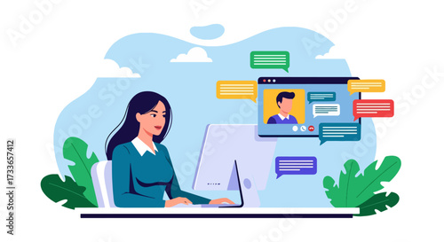 Flat style illustration of two people in an online video chat, symbolizing remote communication, teamwork, feedback, digital collaboration, and virtual meetings in modern work and education