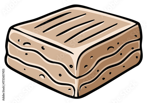 Simple cartoon illustration of a square layered cake or tiramisu dessert pastry