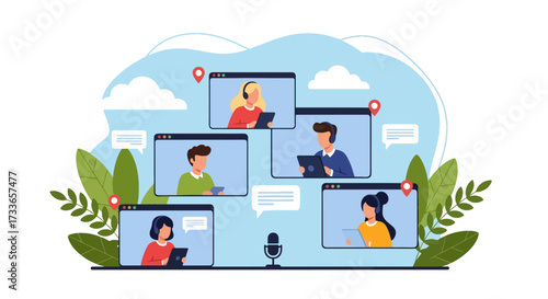 Flat style illustration of people in online video conference with laptops and headsets, representing remote work, digital communication, teamwork, and modern business collaboration