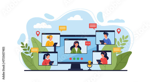 Flat style illustration of people in online video conference with laptops and headsets, representing remote work, digital communication, teamwork, and modern business collaboration