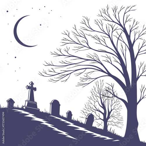 Halloween graveyard with moon and purple silhouettes