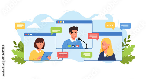 Flat style illustration of people in online video conference with laptops and headsets, representing remote work, digital communication, teamwork, and modern business collaboration